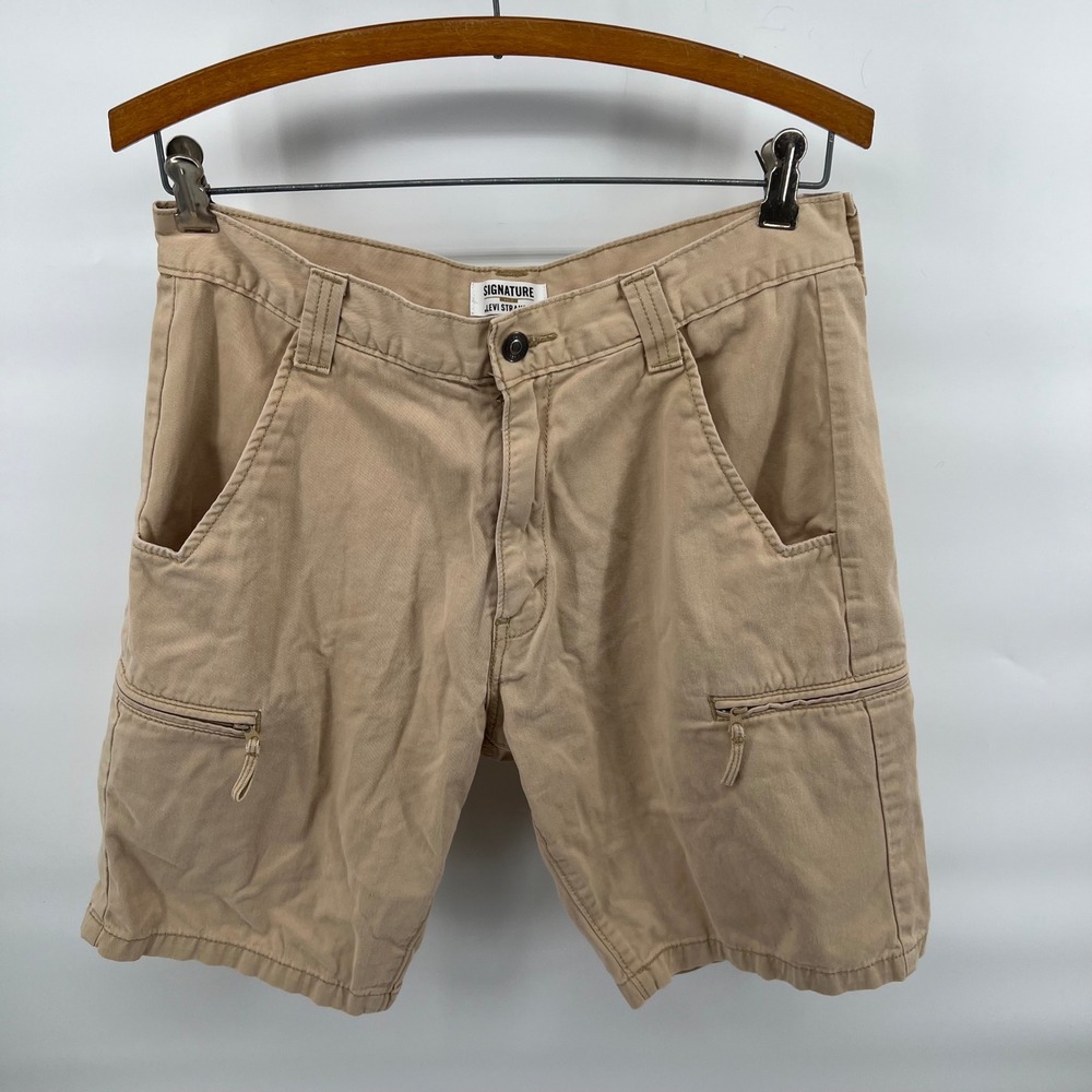 Signature Levi Strauss Cargo Shorts Tan Mens Size 32 Zip‎ Pockets Casual Outdoor